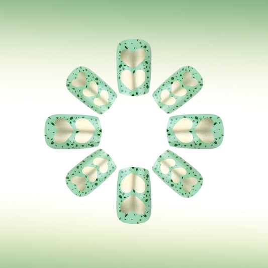 Whimsical Heartfelt Charm Medium Square Mint Green with Elegant Gold Heart Accents Nail Press Set