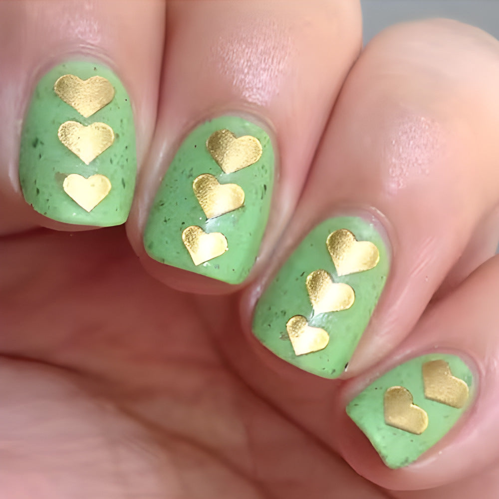 Charming Green Love Heart Short Square Shaped Press On Nail Set with Gold Foil Accents