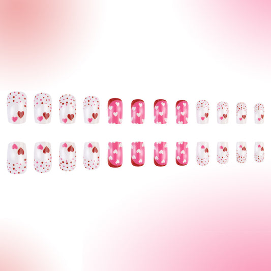 Love Infusion Charming Medium Square Press On Nail Set in Delicate Pink and White with Heart Design