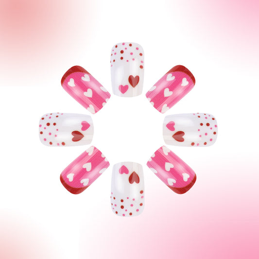 Romantic Heart Theme Medium Square Pink and White Press-On Nail Set with Charming Heart Patterns