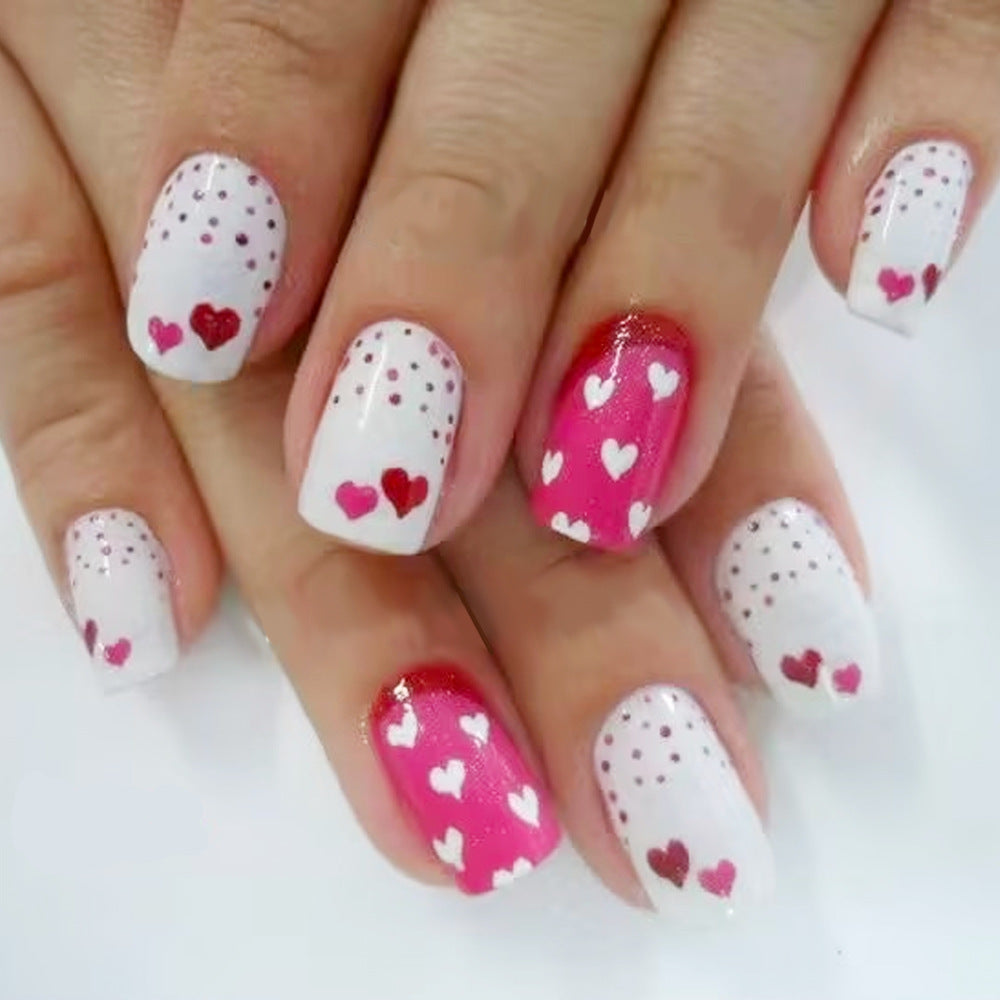 Love Inspired Heart Pattern Short Square Long Press On Nail Set in White and Pink with Charming Heart Designs