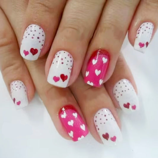 Love Inspired Heart Pattern Short Square Long Press On Nail Set in White and Pink with Charming Heart Designs