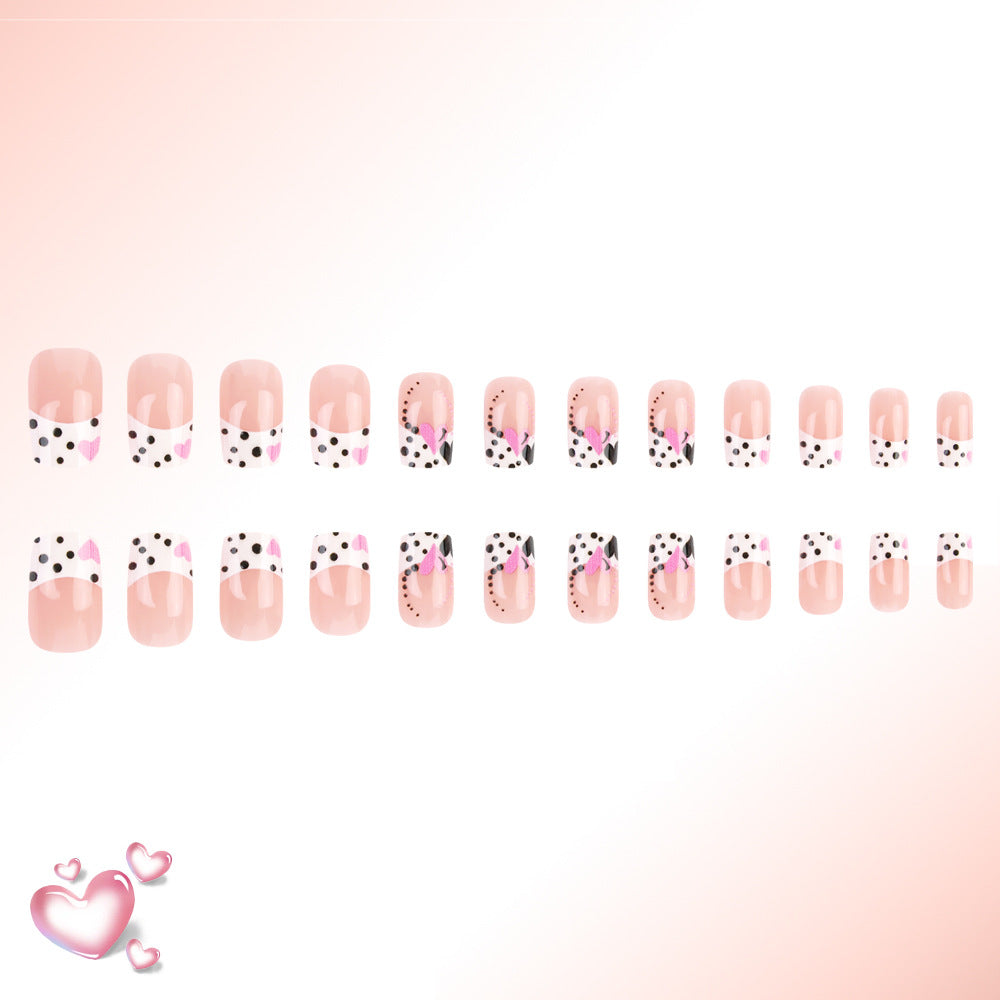 Charming Polka Dot Short Square Pink Long Lasting Press On Nail Set with Floral Accents