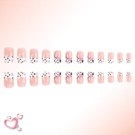 Charming Polka Dot Short Square Pink Long Lasting Press On Nail Set with Floral Accents