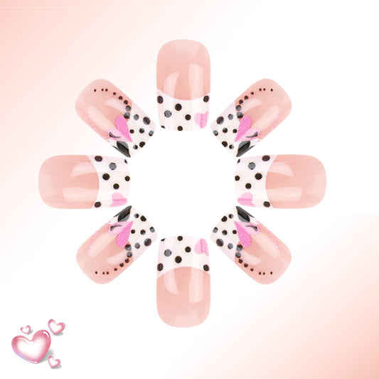 Charming Romance Peach Short Square Press On Nail Set with Polka Dots and Heart Design