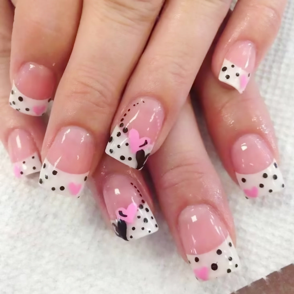 Charming Love Theme Medium Square Pink and White Press On Nail Set with Playful Heart and Dot Design