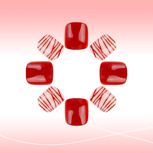 Festive Red Charm Short Squoval Press-on Nail Set with Striped Accent Design