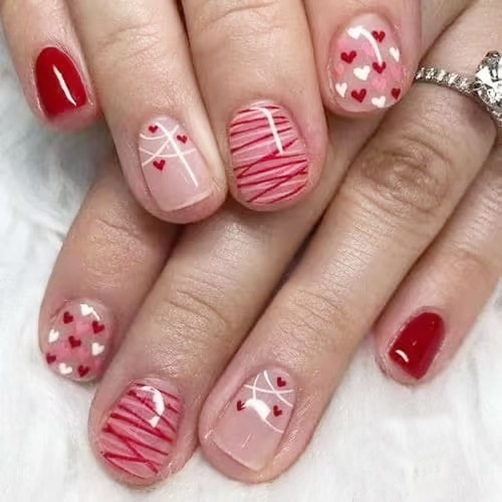 Romantic Heartfelt Short Squoval Red and Pink Press on Nail Set with Playful Heart Designs
