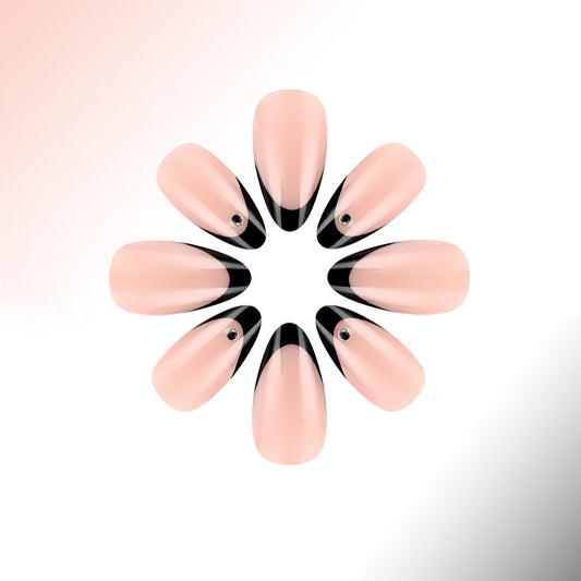 Elegant Noir Glamour Long Almond Blush Pink Press On Nails with Chic Black Tip and Dazzling Rhinestone Accent
