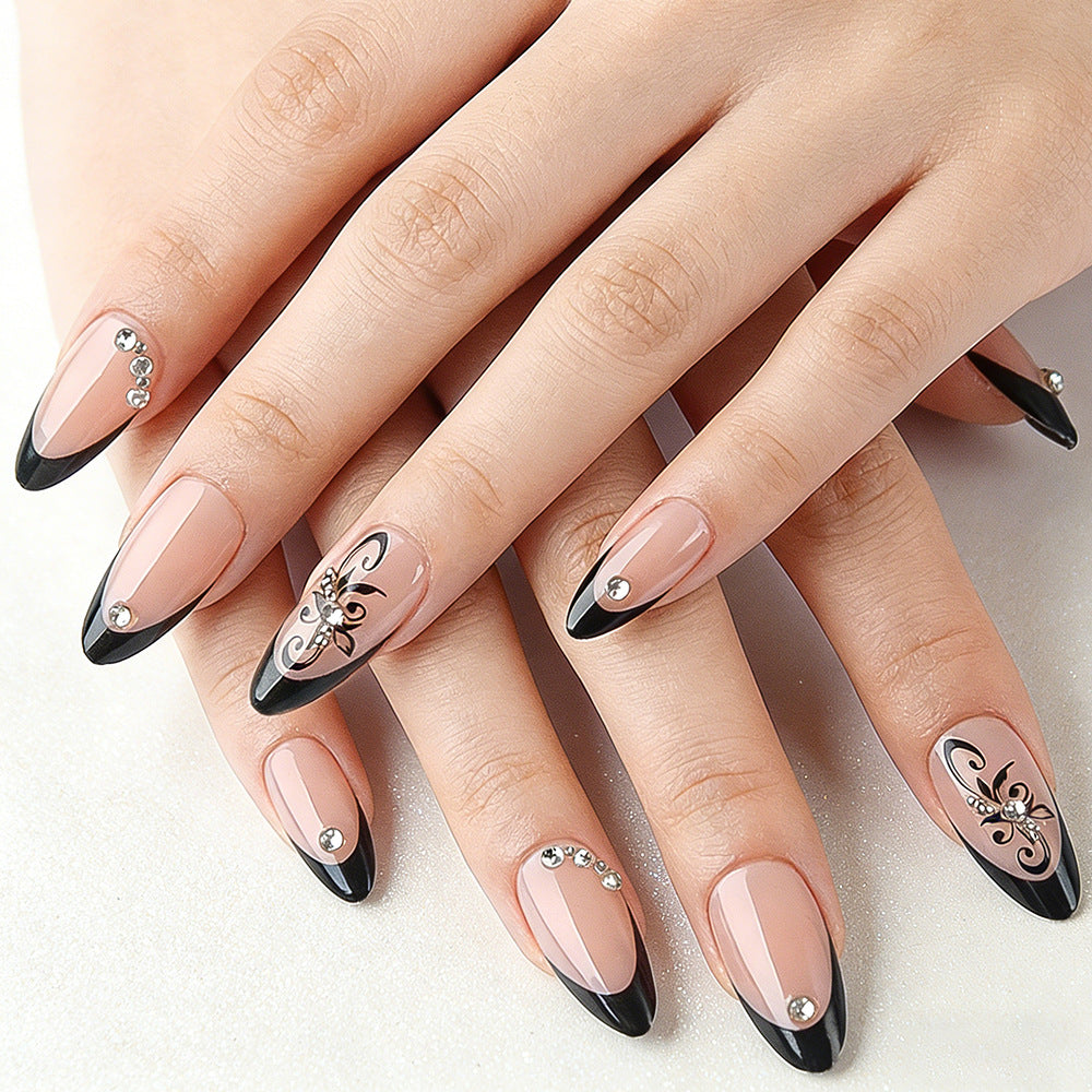 Gothic Elegance Long Almond Ombre Beige with Intricate Floral Design and Gem Accents Nail Set