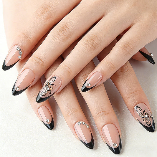 Gothic Elegance Long Almond Ombre Beige with Intricate Floral Design and Gem Accents Nail Set
