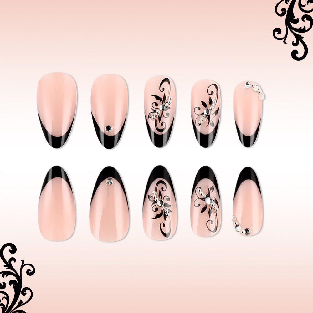 Elegant Noir Glamour Long Almond Blush Pink with Black Tips and Rhinestone Accents Press On Nails Set