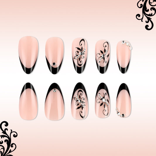 Elegant Noir Glamour Long Almond Blush Pink with Black Tips and Rhinestone Accents Press On Nails Set