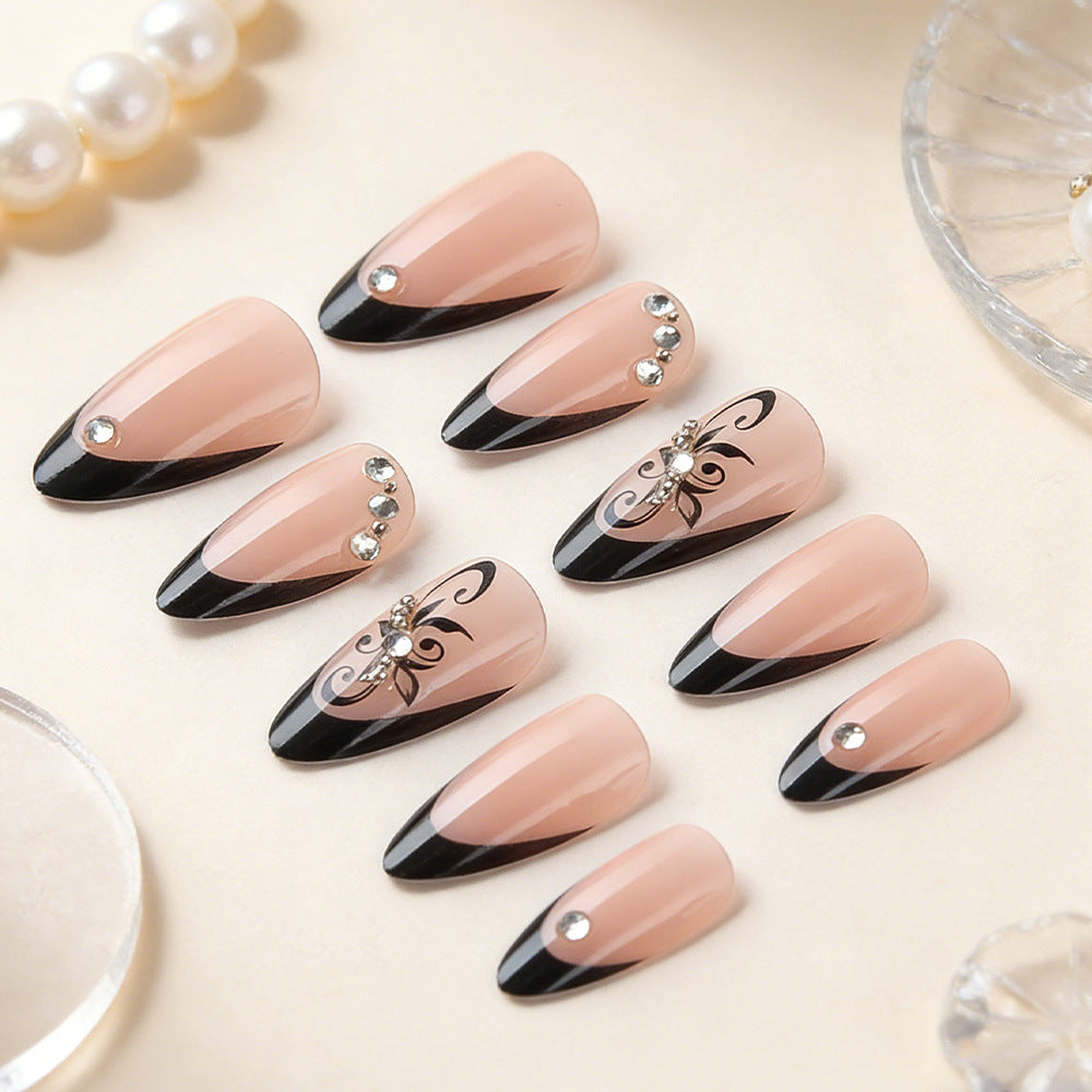 Glamorous Elegance Long Almond Pink and Black Press On Nail Set with Sparkling Rhinestone Accents
