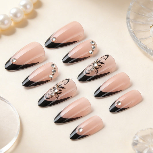 Glamorous Elegance Long Almond Pink and Black Press On Nail Set with Sparkling Rhinestone Accents