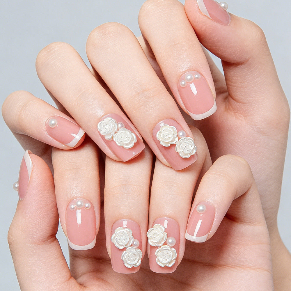 Blossom Bliss Elegant Medium Square Pink Press On Nail Set with Floral and Pearl Embellishments