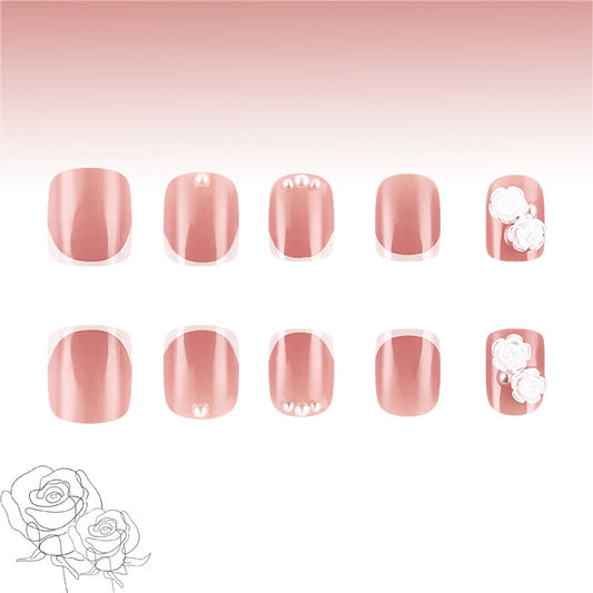 Rose Garden Dreamy Short Square Blush Pink Press-On Nail Set with Charming Floral Accents