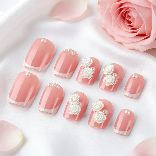 Romantic Elegance Pink Short Square Press On Nail Set with Floral Accents and Pearl Embellishments