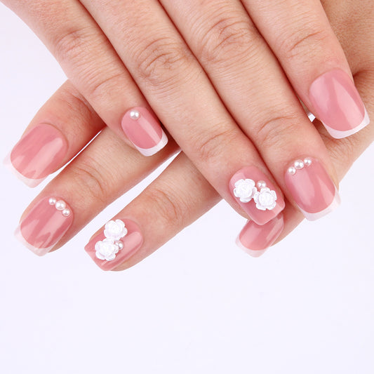 Chic Floral Elegance Short Square Pale Pink Press On Nail Set with Pearl and Rose Accents