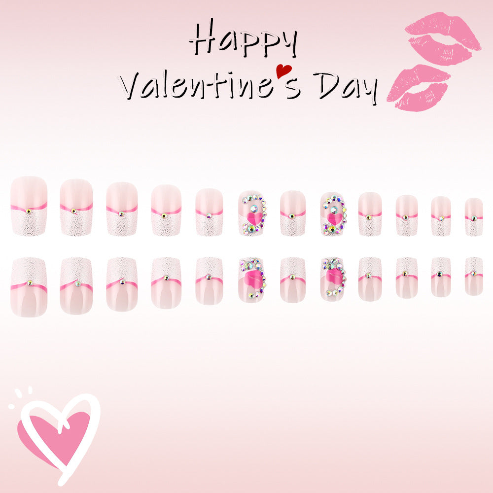 Romantic Elegance Short Square Soft Pink Glittering Heart and Rhinestone Nail Set
