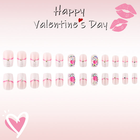 Romantic Elegance Short Square Soft Pink Glittering Heart and Rhinestone Nail Set