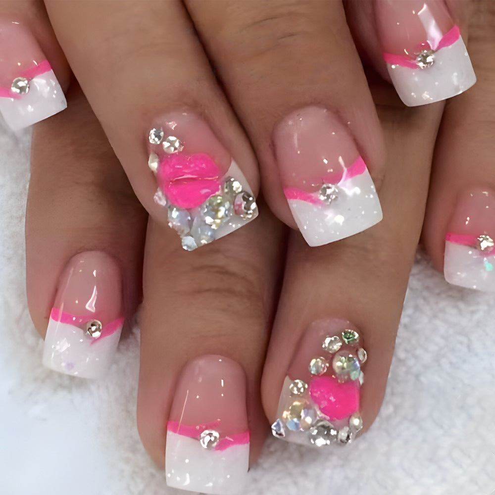 Chic Glamour Short Square Press-On Nails in Pink and White with Sparkling Rhinestones