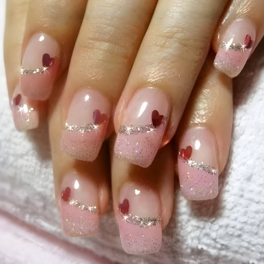 Romantic Bliss Short Square Long Pink Glitter Tips with Heart Accents Nail Set