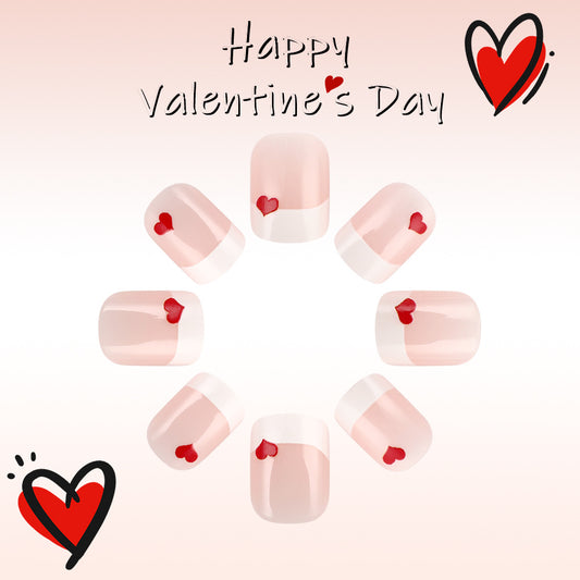 Romantic Heart Design Medium Square Blush Pink Press On Nail Set with Adorable Heart Accents