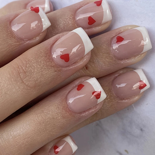 Romantic Elegance Medium Square Beige with Red Heart Accents Press-On Nail Set