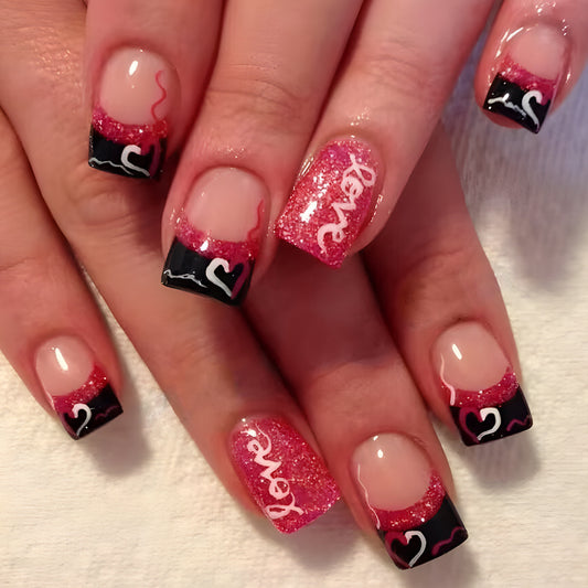 Romantic Glamour Short Square Press On Nails in Glittery Pink and Black with Heart Designs