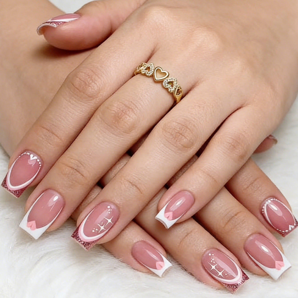 Romantic Elegance Short Square Pink with Heart Motifs Press on Nail Set