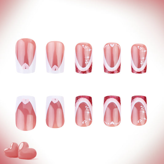 Romantic Charm Short Square Pink and Red Glitter Press On Nail Set with Heart Designs