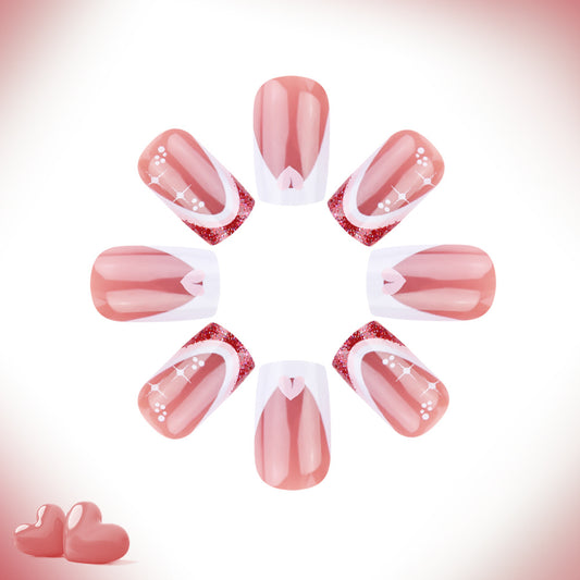 Romantic Blossom Heart Short Square Shaped Blush Pink Press On Nail Set with Glitter Accent
