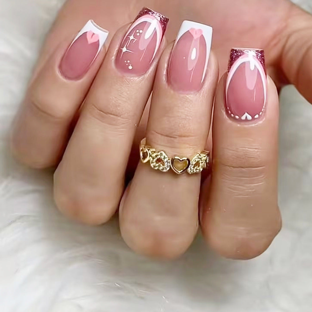 Charming Elegance Medium Square Blush Pink with Sparkling Glitter Tips and Delicate Heart Design Press-On Nail Set