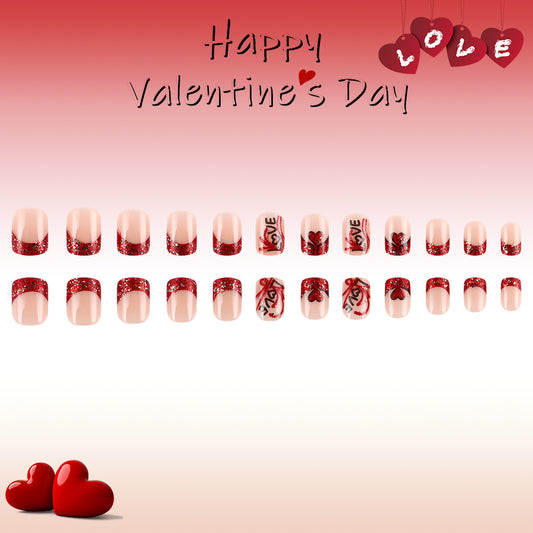 Romantic Glamour Short Square Pink with Glitter and Heart Design Press-On Nail Set