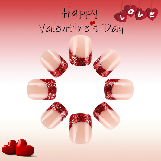 Romantic Sparkle Valentine Heart Shaped Short Square Beige and Red Glitter Press on Nail Set