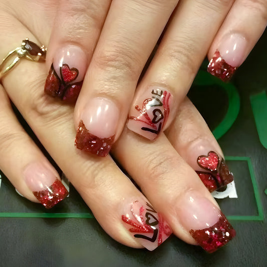 Romantic Glitter Kiss Medium Square Burgundy Red Press On Nail Set with Heart Designs