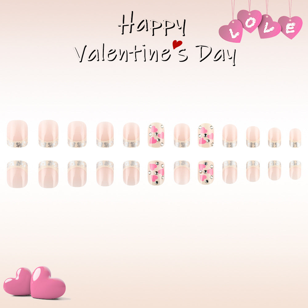 Romantic Charm Blush Pink Short Square Shaped Press On Nails with Glittering Heart Designs