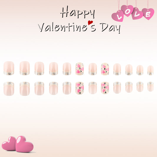 Romantic Charm Blush Pink Short Square Shaped Press On Nails with Glittering Heart Designs