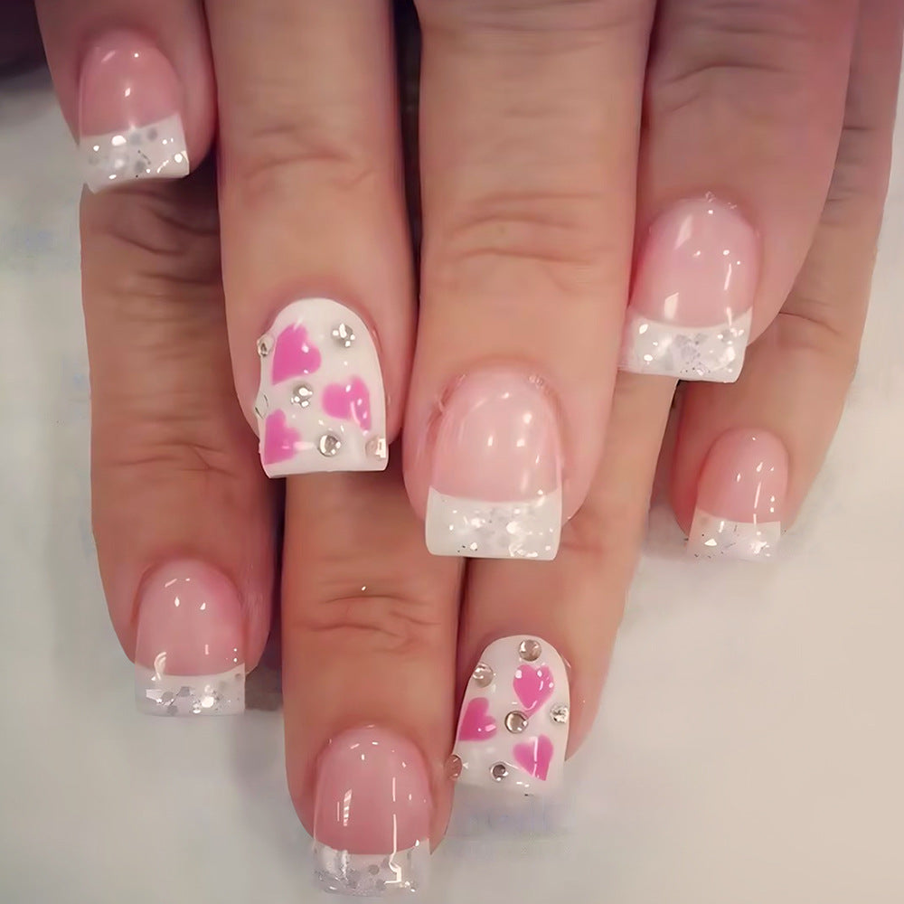 Romantic Charm Short Square Pink and White Press-On Nail Set with Heart and Rhinestone Accents