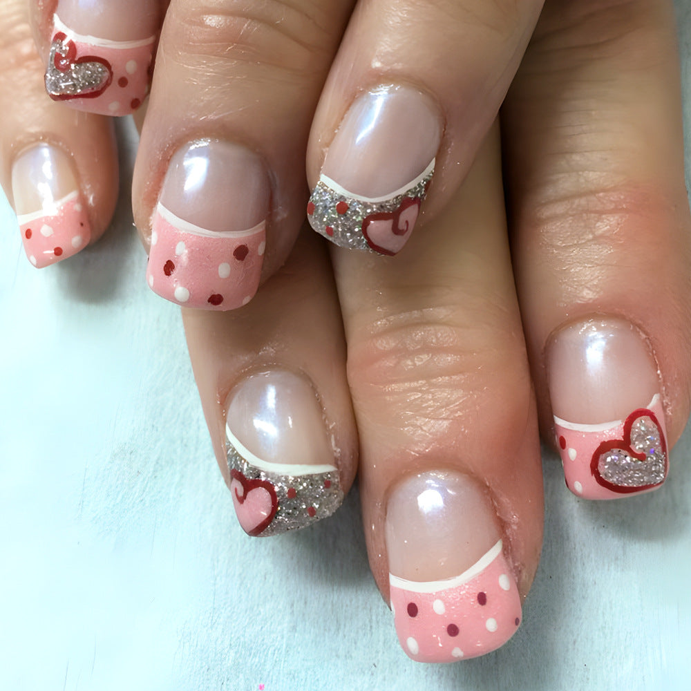 Love Inspired Short Square Pink Glitter Heart Press On Nail Set