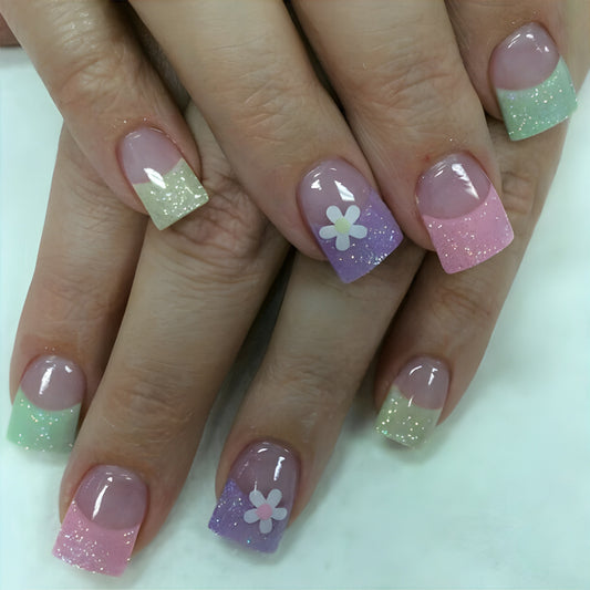 Whimsical Garden Short Square Glitter Press On Nail Set Featuring Pastel Hues and Charming Floral Accents