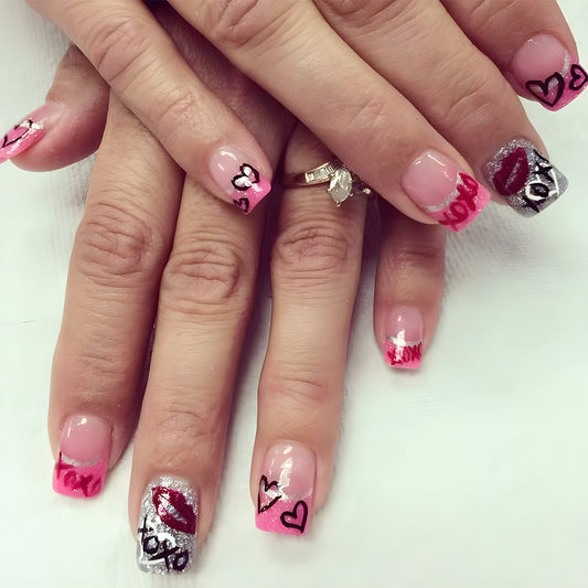 Love and Romance Short Square Tips Pink with Sweetheart Designs Nail Set
