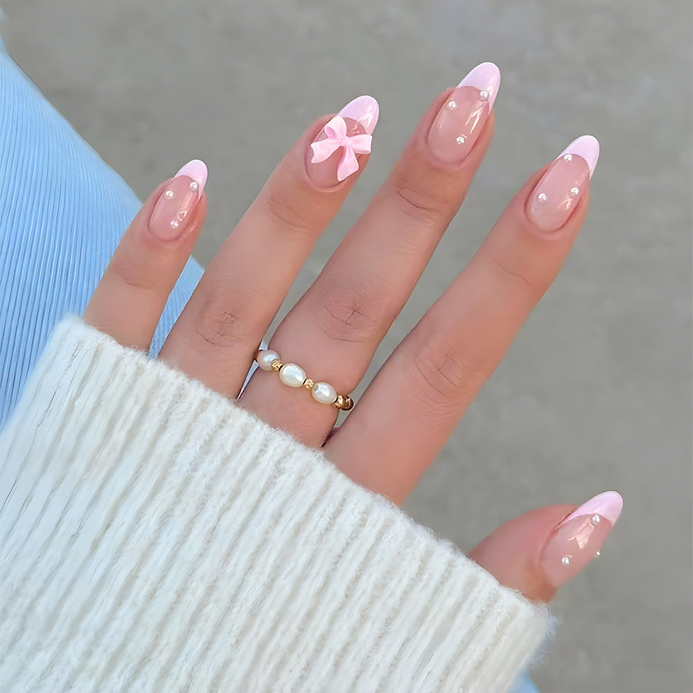 Charming Pastel Medium Almond Pink Press-On Nail Set with Adorable Bow Accent