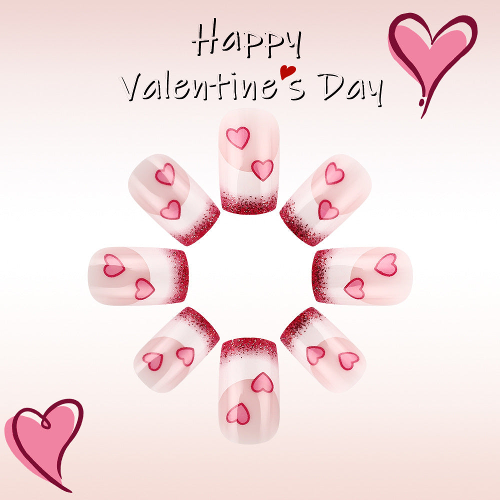 Romantic Hearts Medium Square Pink Glitter Gradient Nail Set