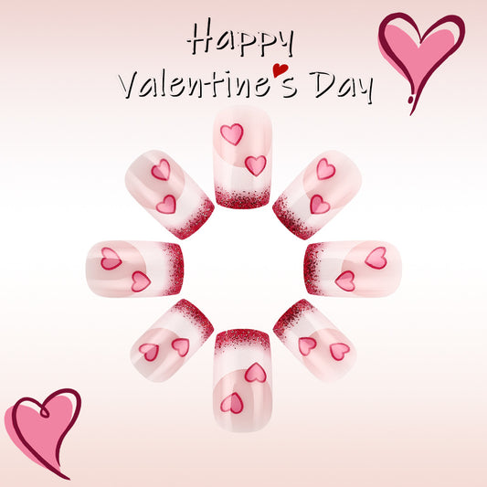 Romantic Hearts Medium Square Pink Glitter Gradient Nail Set