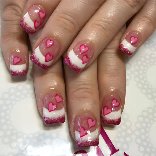 Love in Bloom Medium Square Press On Nails in Pink Glittery Finish with Heart Accents