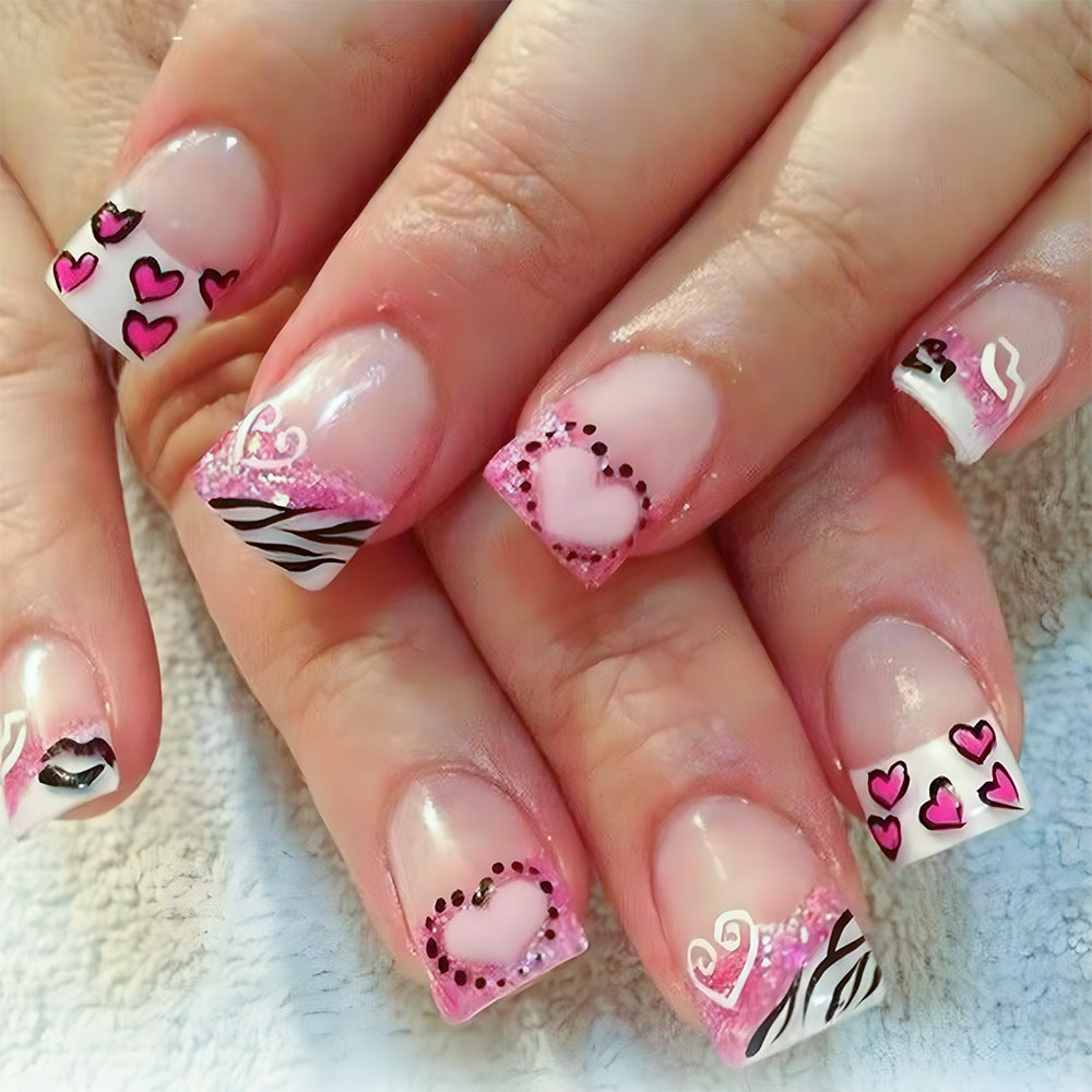 Charming Romance Short Square Pink Colorful Heart and Glitter Press on Nail Set