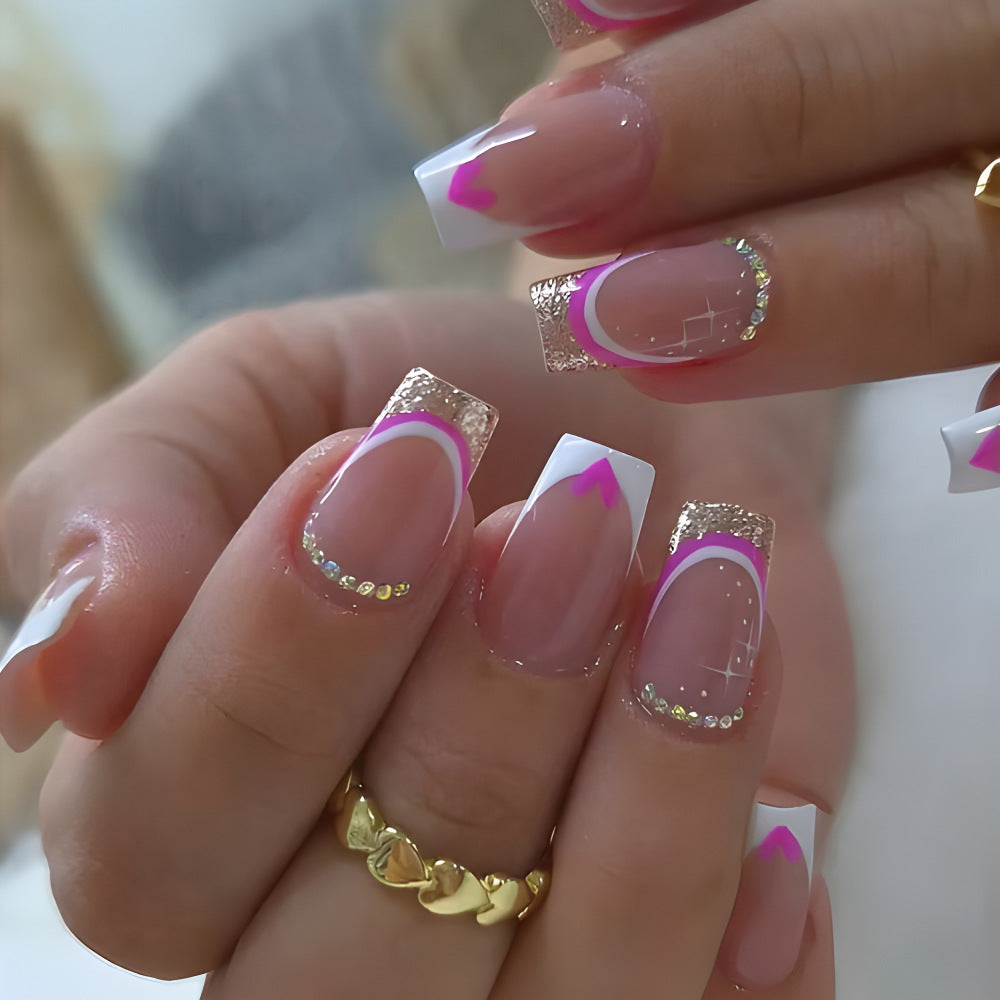 Charming Elegance Medium Square Clear with Shimmery Gold Accents and Vivid Pink Detail Press on Nail Set
