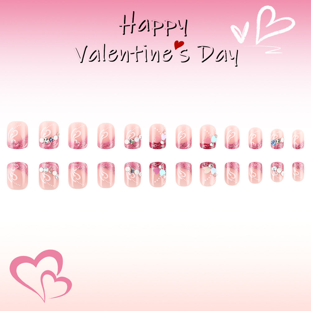 Sweetheart Bliss Medium Square Pink with Glitter and Heart Accents Press on Nail Set